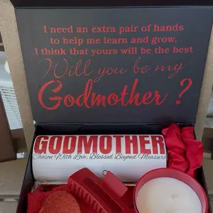 Godmother Proposal Box with "Chosen With Love, Blessed Beyond Measure" Theme Red Accessories Personalized Tumbler Exfoliating Gloves Soft Scrunchies Chic Claw Clip Scented Candle