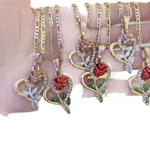 Heart with Red or Pink Rose Necklace - Gold-Tone Chain Pendant Jewelry for Heart and Rose Lovers