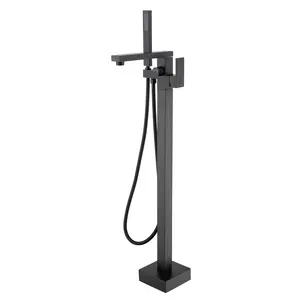 Hdmw Freestanding Bathtub Faucet Tub Filler Matte Black Floor Mount Bathroom Faucets Brass Single Handle with Hand Shower
