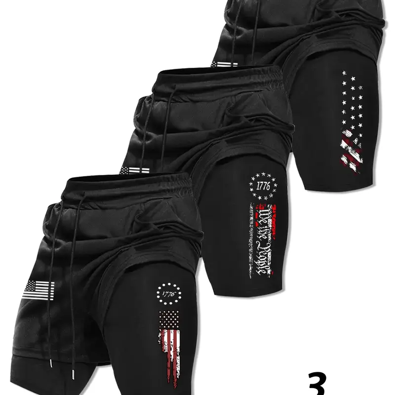Men's Basketball Shorts with Pockets, Fashionable 2-In-1 Drawstring Waist Sporty Shorts, Activewear Shorts, Stylish Flag Design, Summer Casual Wear, Graphic Shorts, Streetwear Sports Shorts