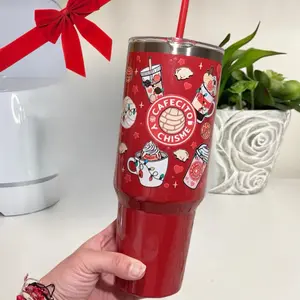 Cafecito y Chisme Christmas Edition Stainless steel tumbler 40 Oz and straw Drinkware Printed Coffee Drink Tea Tumblers Bottles Colorful Cup