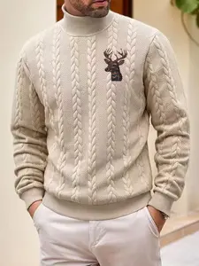 Men's High Neck Casual Fitted Sweater, Geometric Print Warm Knitwear for Fall & Winter, Large Size Thermal Pullover