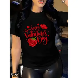 Women'S Valentine'S Day Pattern T-Shirt | Black with Red Rose and Heart Print, Casual Round Neck Short Sleeve Top, Machine Washable, Comfortable for All Seasons, Romantic Outfit, Durable Printed Design