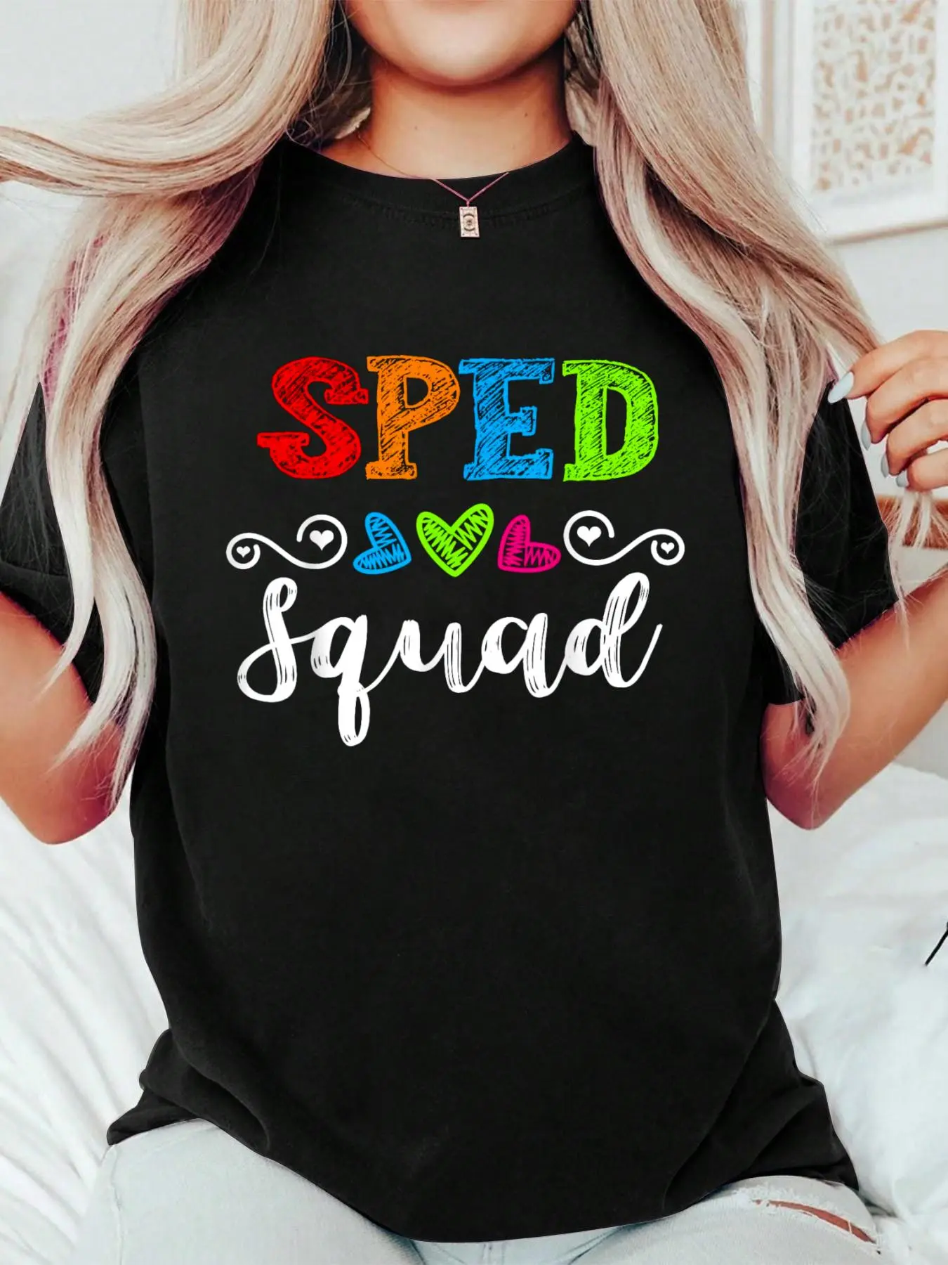 Women's Sped Squad Graphic T-Shirt, Casual Loose Fit Cotton with a Round Neck for Layering with Jackets, Shortsleeve