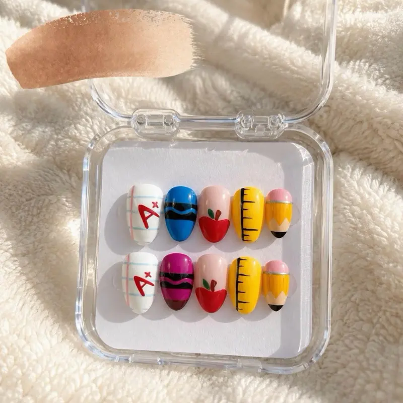 Back to School Press On Nails | Apple, Pencil, Ruler, Crayon Designs
