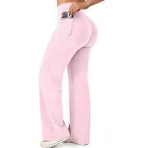 JGS1996 Straight Leggings with Pockets for Women No Front Seam Workout Leggings High Waist Wide Leg Yoga Pants Casual Work Pants