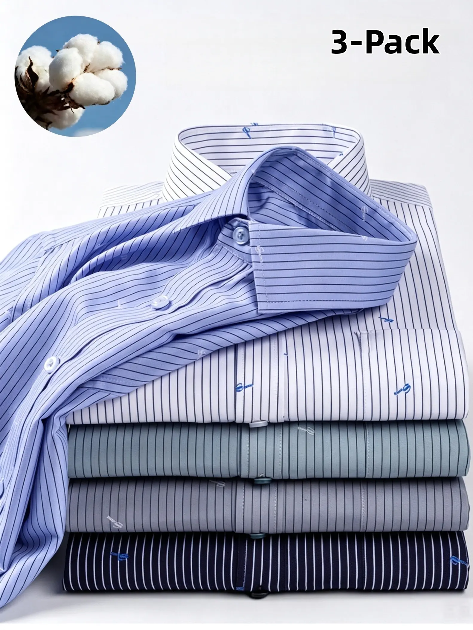Men's 3-Pack Collared Neck Longsleeve Striped Work Shirts - Business Wear Chic Basics, Cotton Business Casual Tops with Pocket, Wrinkle-Resistant, Breathable, Top, Longsleeves