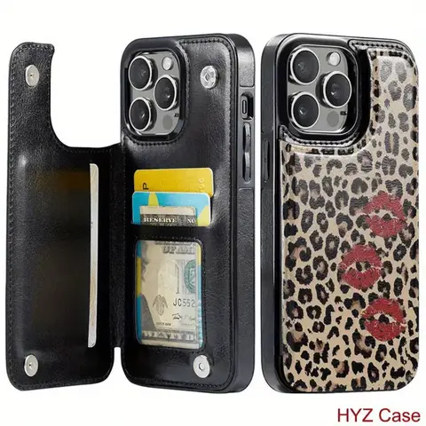 Unique Leopard Red Lips Wallet Card Holder Phone Case for iPhone 17/16/15/14/13/12 Pro/Plus/Pro Max/Air Leather Protection TPU PC PU Dual-layer Cover Shockproof