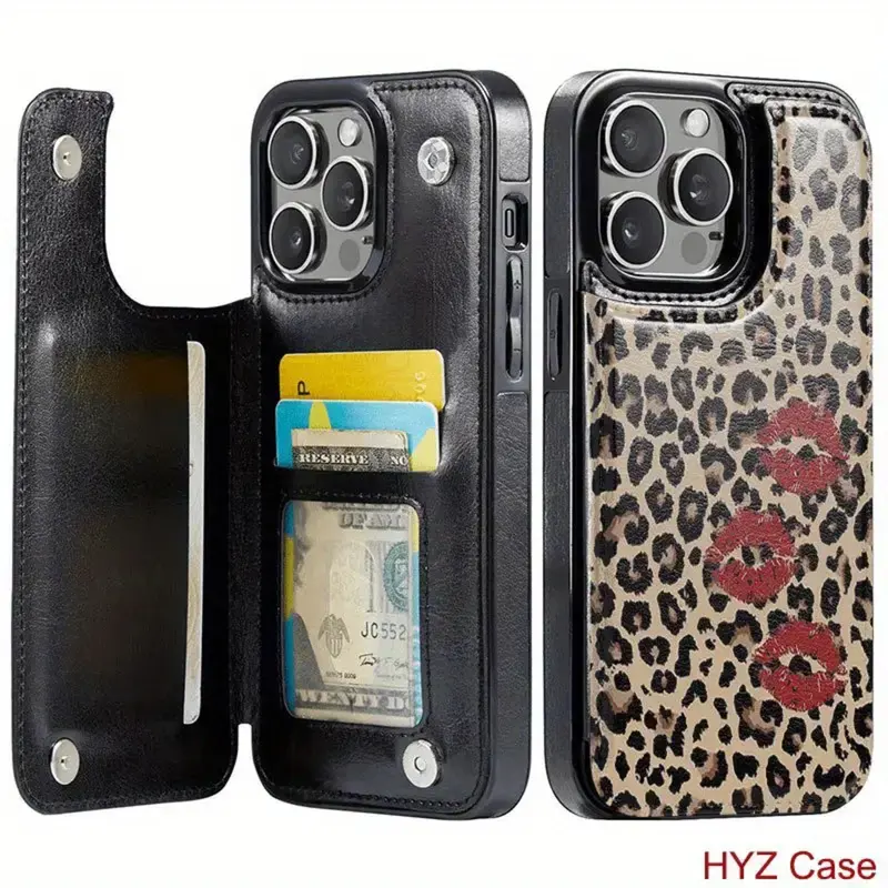 Unique Leopard Red Lips Wallet Card Holder Phone Case for iPhone 17/16/15/14/13/12 Pro/Plus/Pro Max/Air Leather Protection TPU PC PU Dual-layer Cover Shockproof