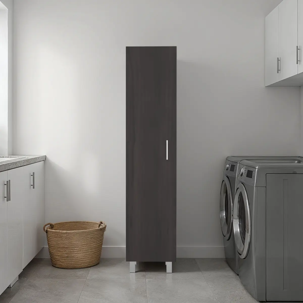 Vernon Slim Wood Storage Cabinet - Engineered, Sturdy Build, Metal Handles, 1 Door, 4 Interior Shelves, 6 Broom Hangers, 71" h x 15.7" w x 12.3" d, 61.38 lbs, Single Box, Dark Walnut, Slim Cabinets Storage, Engineered Wood