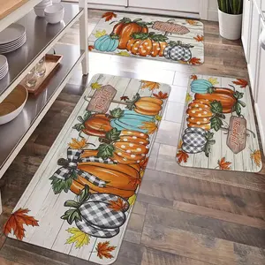 2/3pcs Autumn Thanksgiving Watercolor Pumpkin Kitchen Floor Mat Carpet, Pumpkin Printed Flannel Soft, Non Slip Floor Mat, Thanksgiving Party Kitchen, Dining Room, Living Room, Entrance Door, Laundry Floor Decoration Floor Mat