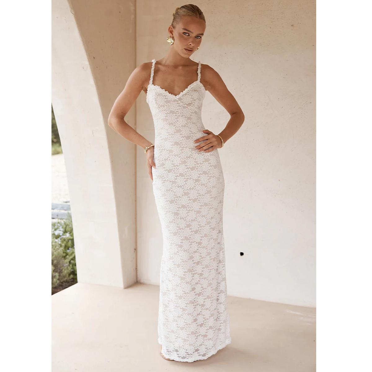 Aprilake Women's  Lace Floral Sweetheart V Neck Micro Frill Trim Straps Sleeveless Bodycon Stretchy Long Maxi Cocktail Party Dress