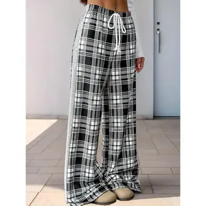 2025 New Printed Checks Wide Leg Pants Casual Drawstring Long Baggy Pants.