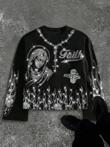 Y2K Rhinestone Faith Graphic Waffle Knit Long Sleeve Top Streetwear Aesthetic Flame Virgin Mary Rhinestone Crewneck Men Women Hip Hop Goth Street Style Shiny Rhinestone Textured Fabric Trendy Grunge Alt Fashion Oversized