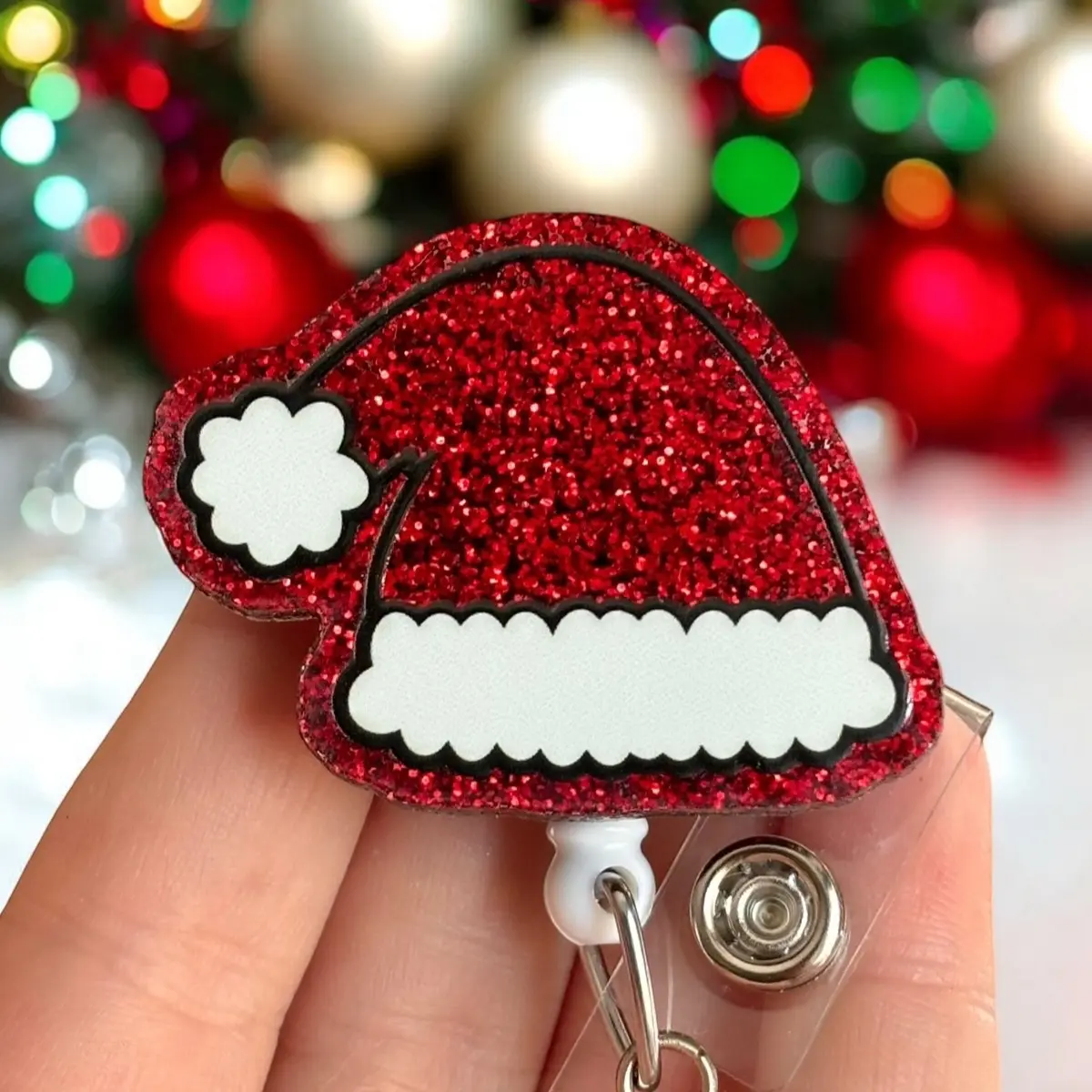 Glitter My Badge Christmas santa hat badge reel for nurse and hospital workers. Badge clip Badge pull - Retractable swivel clip with a 360 rotation. Great gift for coworker.