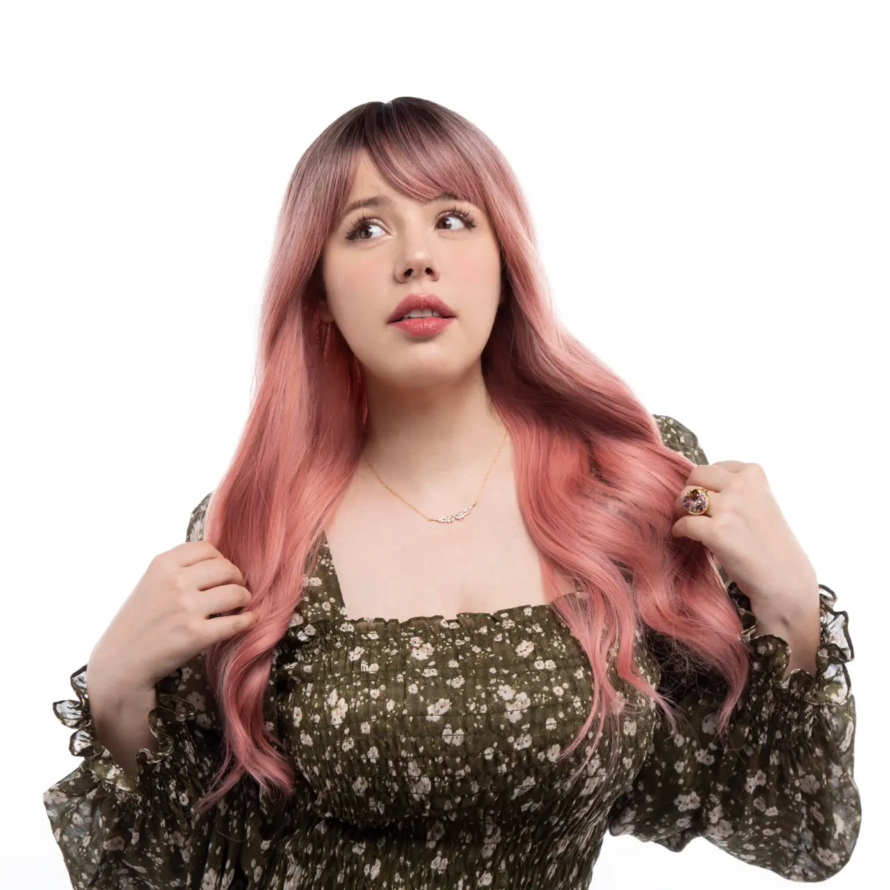 26-Inch Warm Smokey Pink (Black Roots) Wavy Synthetic Wig | 【Heat Resistant】【Cap Included】 | 41FSGB
