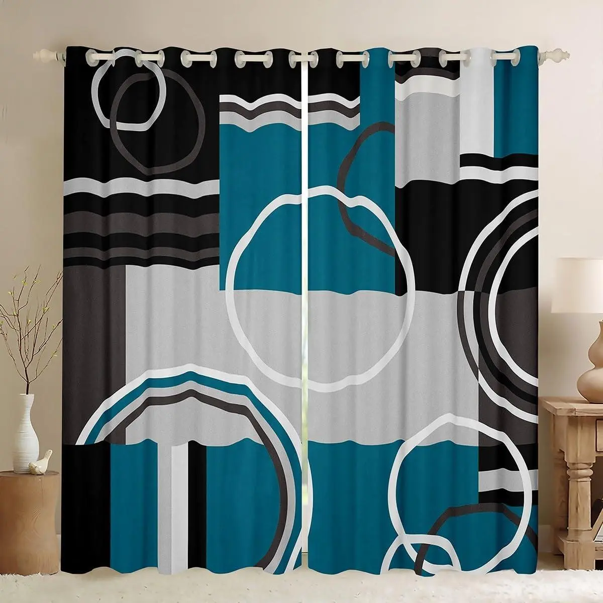 Feelyou Velvet Blackout Window Curtains - 2 Panels, High-Definition Abstract Art Design with Geometric Swirls, Turquoise-Gray-Black-Blue Stripes, Multi-Size Colorful Light Filtering Blue Window Treatments, Blue Curtains