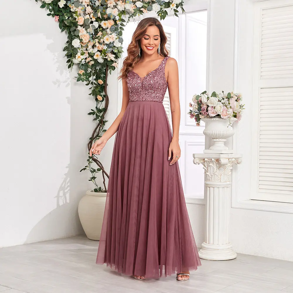 Sequined Mesh Patchwork Double V-Neck Party Dress
