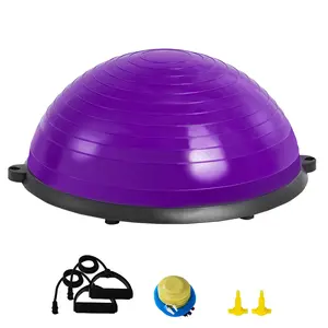 SUGIFT 23 Inch Half Exercise Ball Trainer 660lbs Stability Balance Ball with Resistance Bands and Foot Pump Anti-Slip Yoga Ball Strength Fitness Ball for Home Gym Full Body Workout Purple