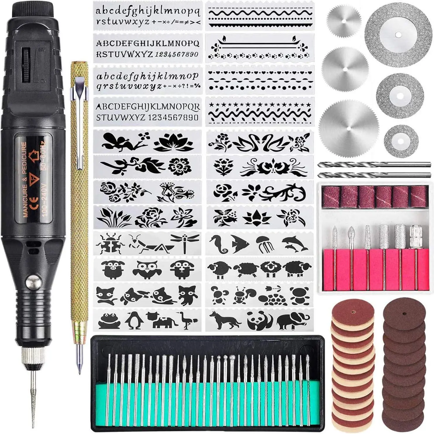 Corded Electric Micro Engraver Etching Pen Complete Tool Kit (108-Pcs) with Scriber, 82 Accessories, 24 Stencils for Jewelry, Glass - Black