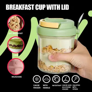 Leak-Proof Glass Breakfast Cup with Lid, Durable High-Quality Glass, Freezer Safe, Stores Ice Cream/milkshake/oatmeal/cake Cups, Portable Snack Container