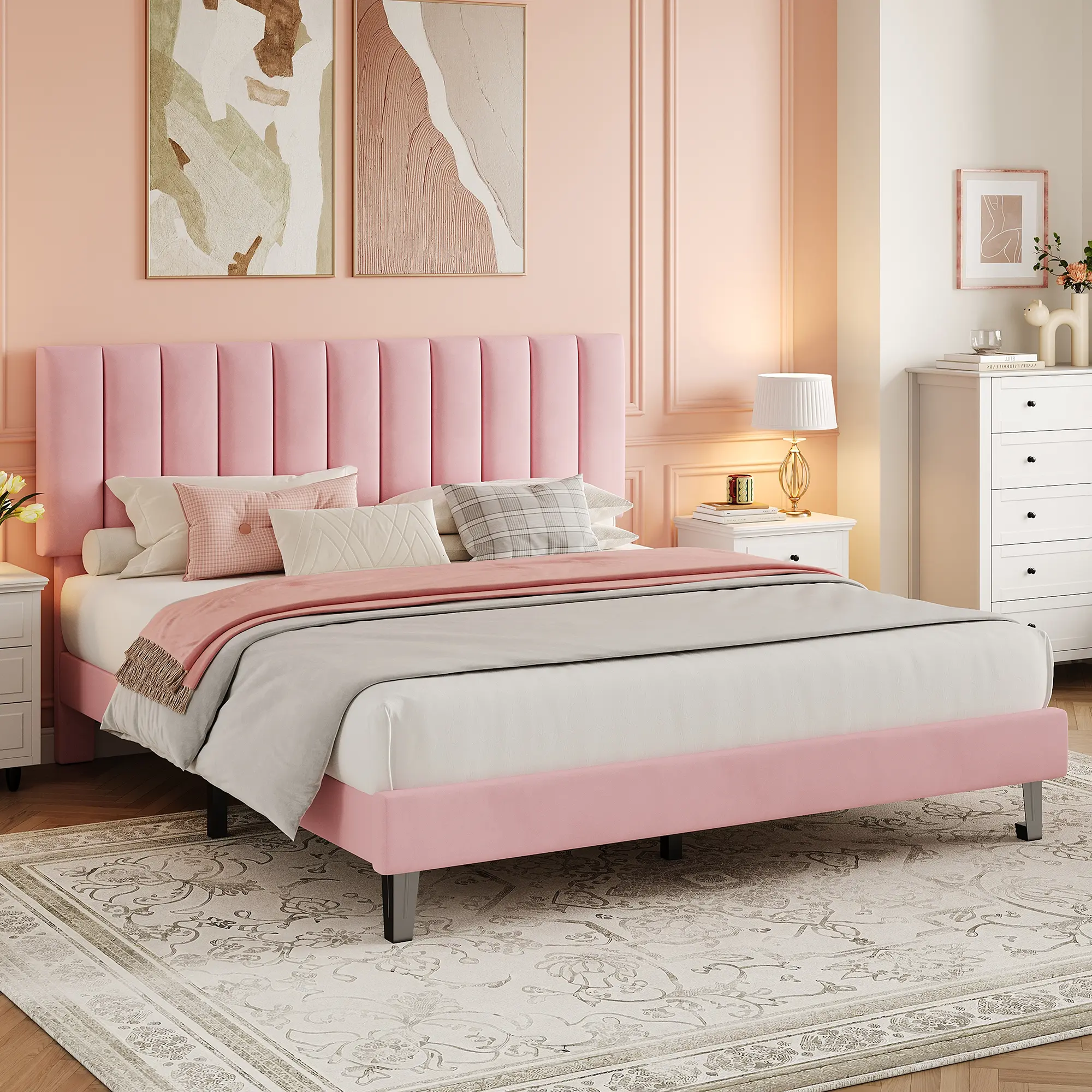 Bed Frame with Adjustable Headboard, Velvet Upholstered Platform Bed with Vertical Channel Tufted Design, Wooden Slat Support, No Box Spring Needed, Easy Assembly