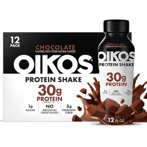 Oikos Protein Shake, Chocolate, 30g High Protein Drinks, Shelf Stable, Ready to Drink, 5g Prebiotic Fiber, 12 fl oz Bottle, 12 Count​