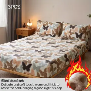 3pcs  velvet fitted sheet set, 1 fitted sheet+2 pillowcases (excluding pillow core), warm in winter, soft, skin friendly and breathable bedding, colorful butterfly print pattern, machine washable, not prone to pilling, suitable for bedrooms and dormitorie