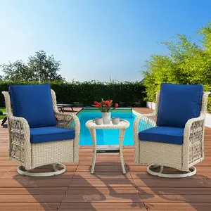 GAOMON 3 Piece Outdoor Patio Set, Wicker Rocking Bistro Set with 2 Swivel Chairs & Tempered Glass Top Table, Rattan Outdoor Furniture with Cushions for Patio Porch Backyard, Light Beige + Blue Cushion