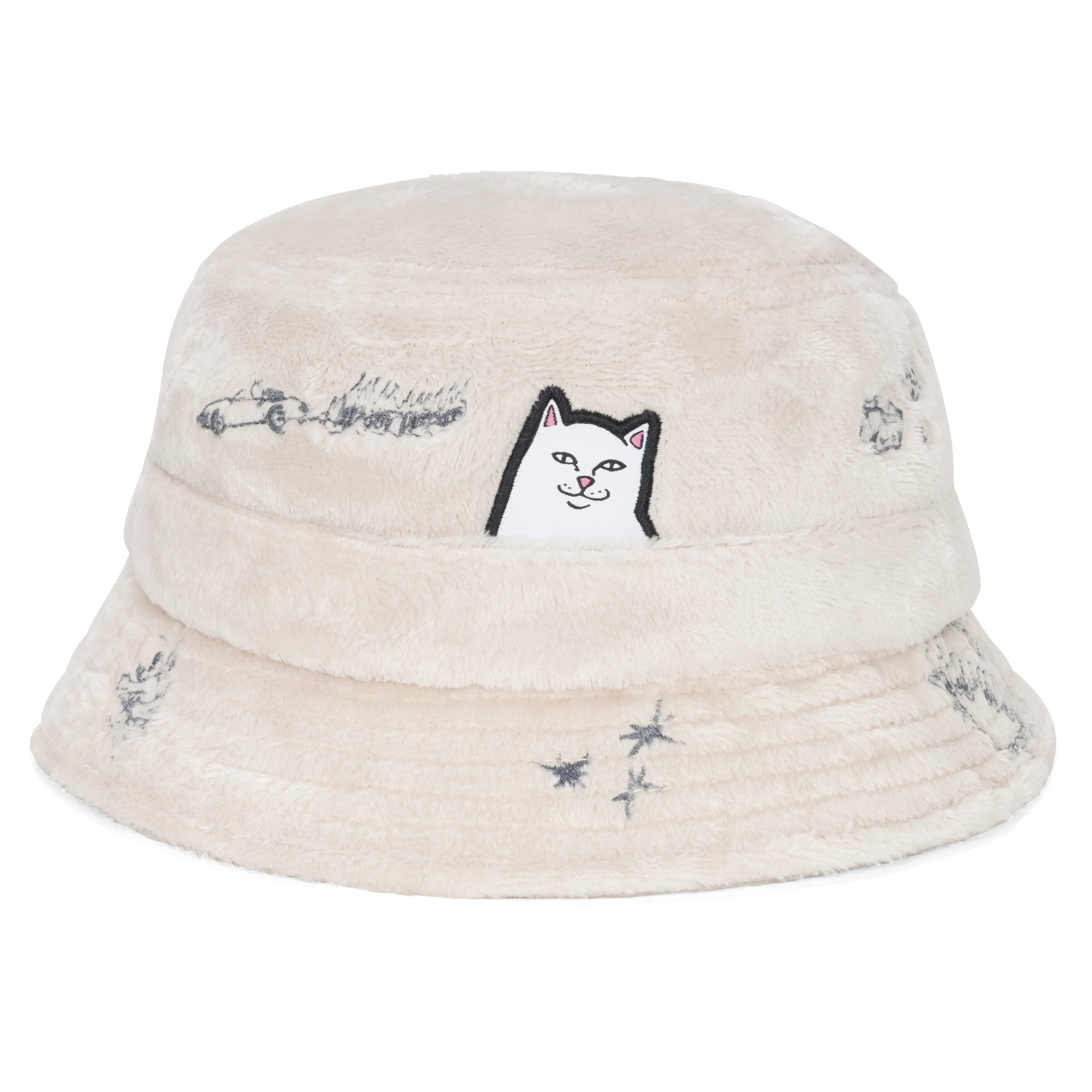 Sherpa Fabric Outdoor Bucket Hat for Women-Men - Tan All-Over Print, Embroidered Cartoon Lord Nermal Motif, Westside Flipping Off Design, Casual Fashion Accessory