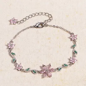 Floral Crystal Zircon Bracelet Dainty Sweet Daily Wear Jewelry Perfect Gift for BFF Bridesmaid Girls with Pink Flowers and Green Leaves