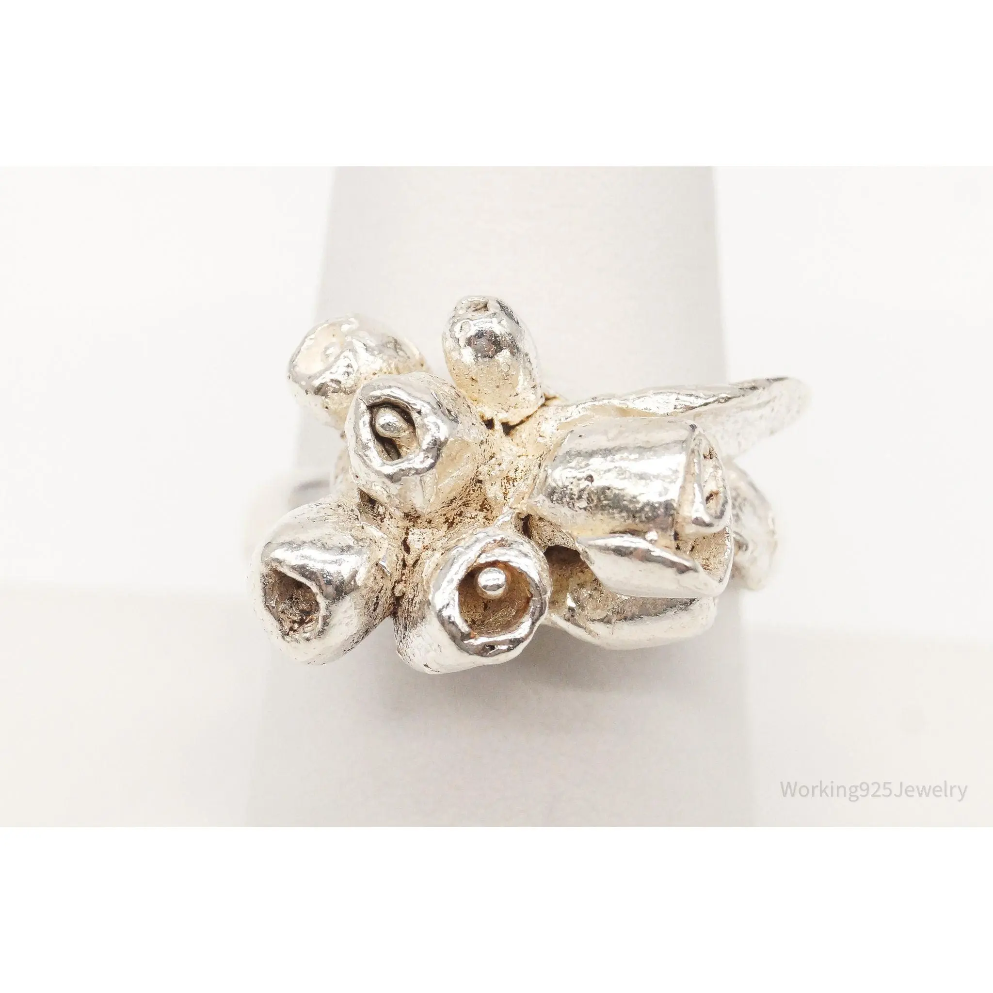 Vintage Brutalist Style Flower Bouquet Silver Ring - SZ 8.5