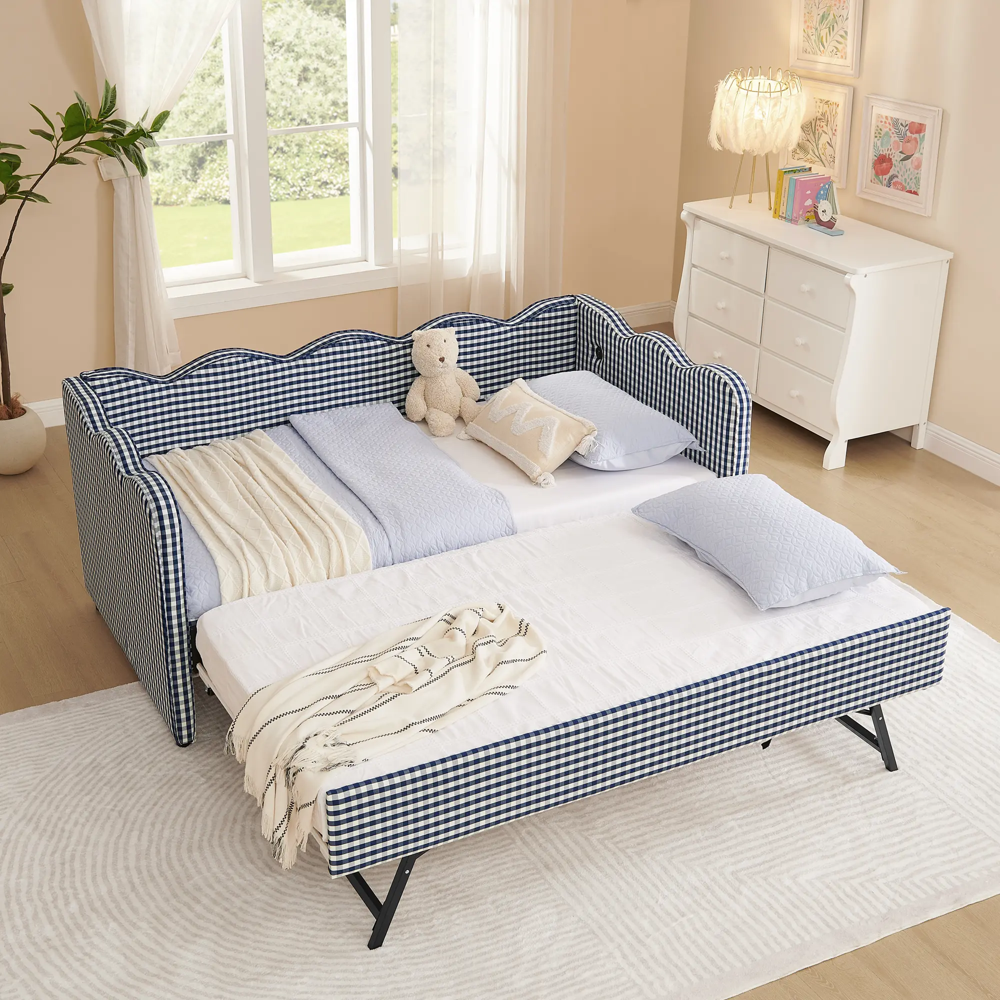 Twin Daybed with Trundle, Linen Upholstered Sofa Bed, No Box Spring Needed, USB Port, Wave Design, Navy, for Living Room, Guest Room, Apartment, Office