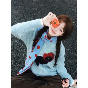 Vintage Preppy Kawaii Cartoon Jacquard Sweaters Sweet Harajuku Loose Grunge Jumpers Y2k Aesthetic Women Blue Knitted Pullovers