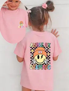 "A Little Bit Dramatic" Kids T-Shirt | Checkered Smiley Face Graphic Tee | "KID LIFE" Front & Back Print Youth Shirt for Girls