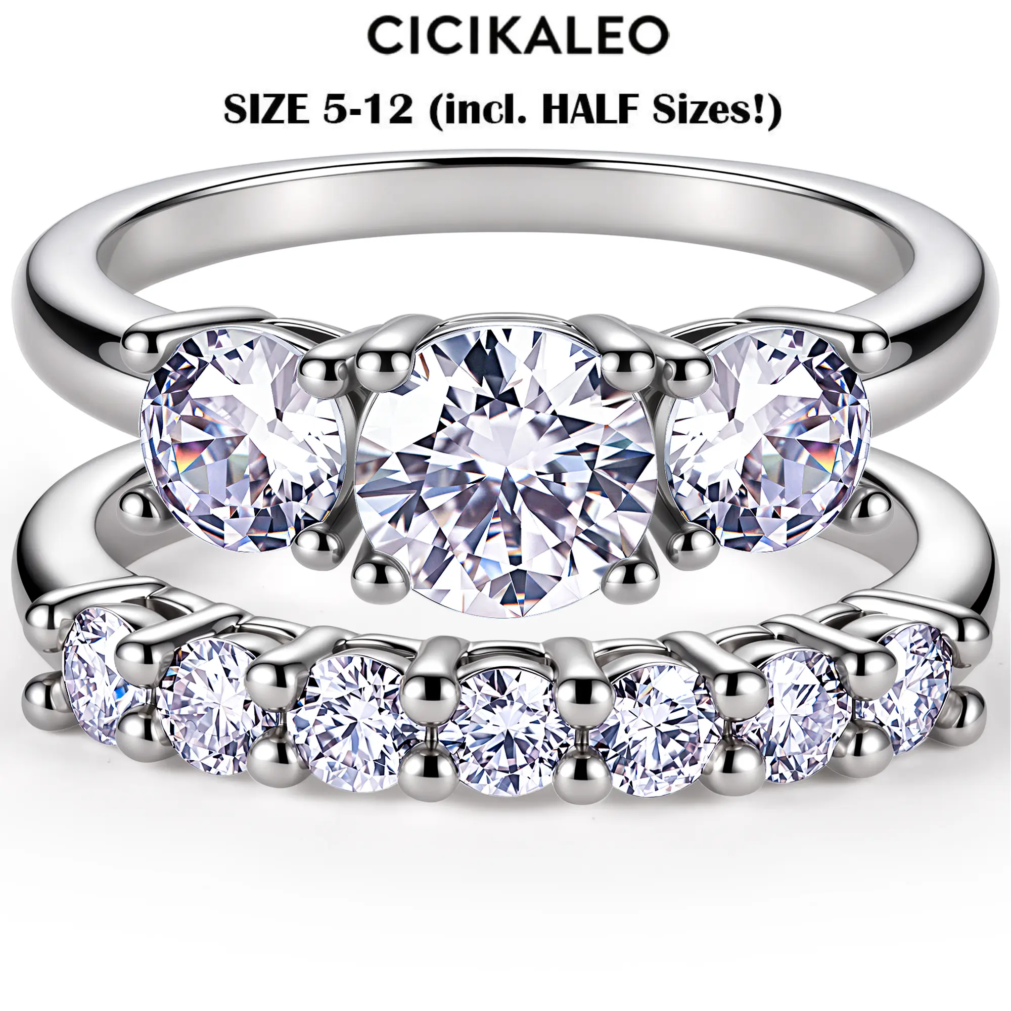 CICIKALEO 18K Real Gold-Plated Moissanite Wedding Ring Set for Women 3-Stone Engagement Ring with Stackable Band Promise Anniversary Gift R1
