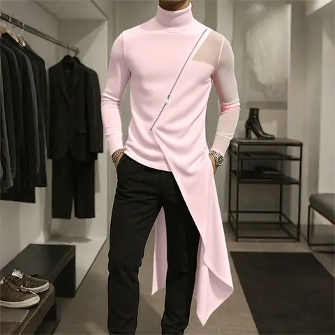 INCERUN Menswear Slim-Fit Long Sleeve Black Simple Casual Avant-Garde Shirt - 90% Polyester-Elastane Stretchy Clothes, Pink Zipper Mesh Splicing, Asymmetrical Hem, Ideal for Spring-Autumn Casual Gatherings, Sizes M,2XL,3XL,5XL
