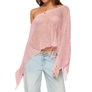 Women Sequin Knit Poncho Fringe Hem Off Shoulder See-through Crochet Cape Sheer Shrug Lightweight Beach Cover Ups
