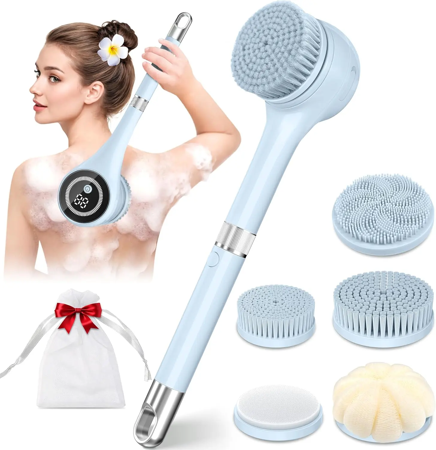 Electric Body Brush Back Scrubber for Shower - Waterproof Rechargeable Auto Bath Brush with Long Handle, 5 Replaceable Heads, 3 Speeds for Deep Cleansing, Exfoliating Massage for Adults accessory