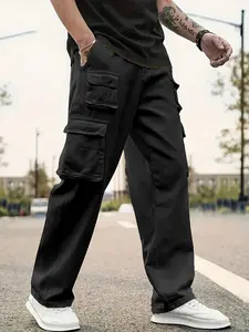Men's Streetwear Cargo Pants, Plain Straight Wide Leg Trousers for Casual Wear, Multi-Pocket Slimming Fit
