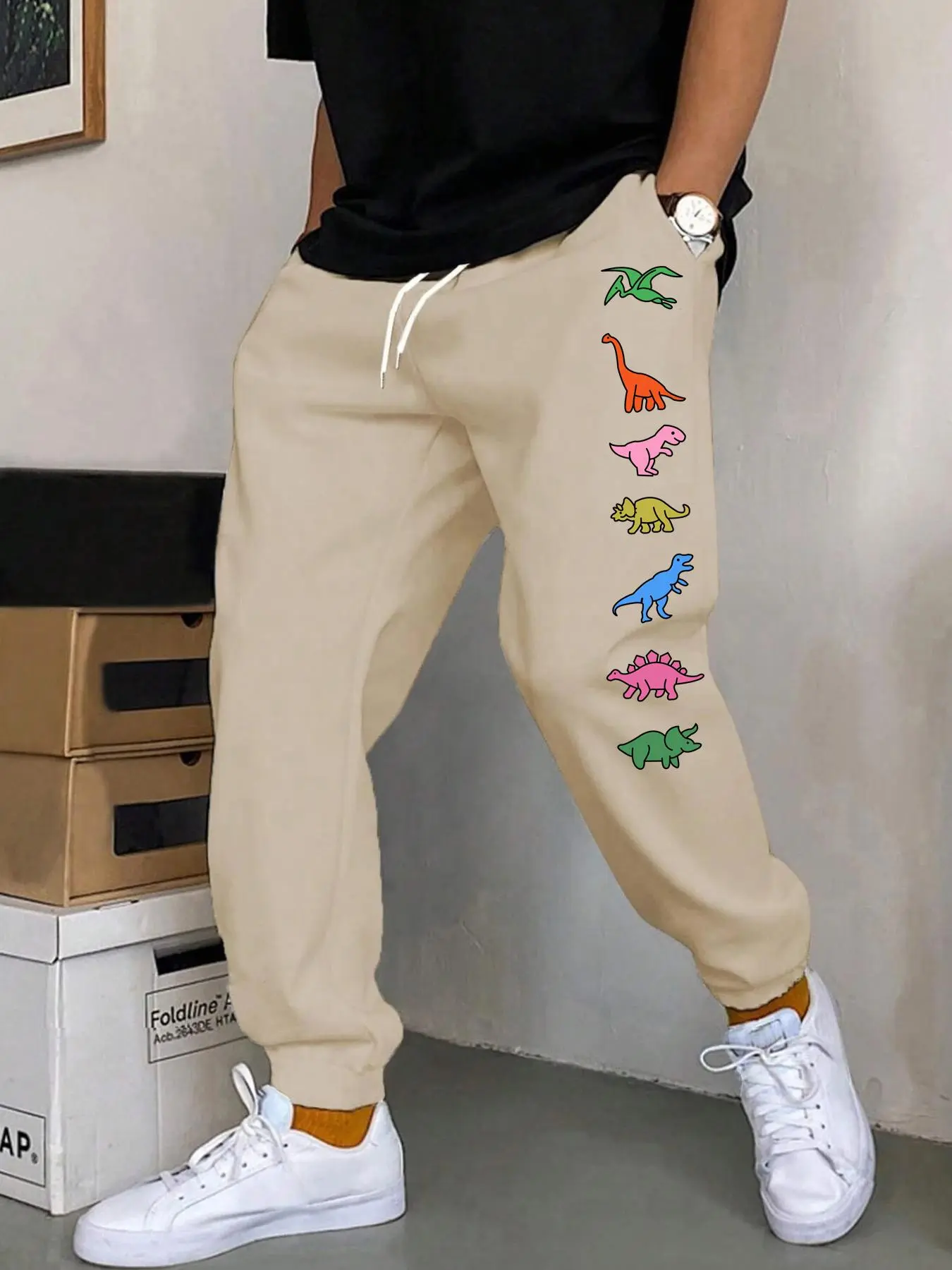 Dinosaur Print Casual Pants, Men's Outdoor Pants, Women's Outdoor Sweatpants, Fitted Adjustable Drawstring Waist, Pockets, All Seasons, Multiple Colors Available