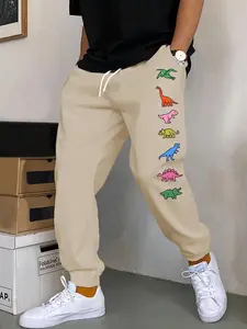 Dinosaur Print Casual Pants, Men's Outdoor Pants, Women's Outdoor Sweatpants, Fitted Drawstring Waist, All Seasons, Multiple Colors Available