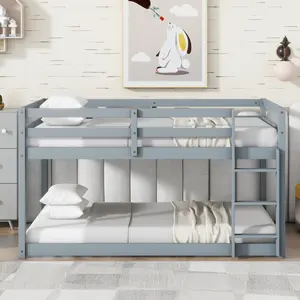 ARCH Solid Wooden , Solid Rubber Wooden Twin over Twin Floor Bunk Bed with Ladder ,Upper and Bottom Bed Platforms crafted with Strengthened Slats ,Grey