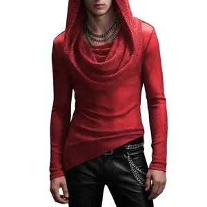 INCERUN Men's Metallic Glitter Hoodie Cowl Neck Shiny Long Sleeve Sweatshirt Red Valentine's Club Party Performance Top