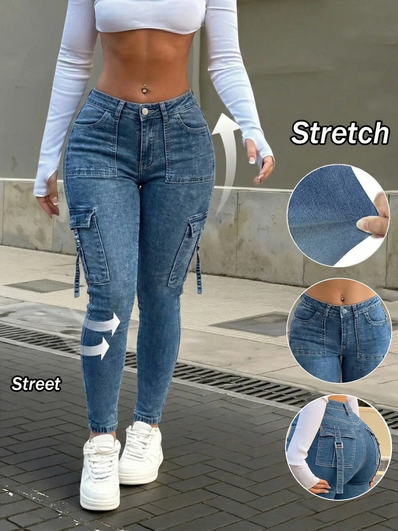 Women's Slim Fit Multi Pocket Blue Denim Clothing Medium Wash Buckle Strap Jogger Jeans, Y2K Streetwear Street Fashion Aesthetic Cargo Pants, Casual Wear for Spring Autumn, Trouser