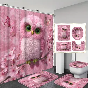 1pc/4pc Cute Pink Owl with Cherry Blossoms  printed shower curtain, shower curtain set with 12 hooks. The shower curtain set includes a bath mat, U-shaped floor mat, toilet seat cushion, bathr