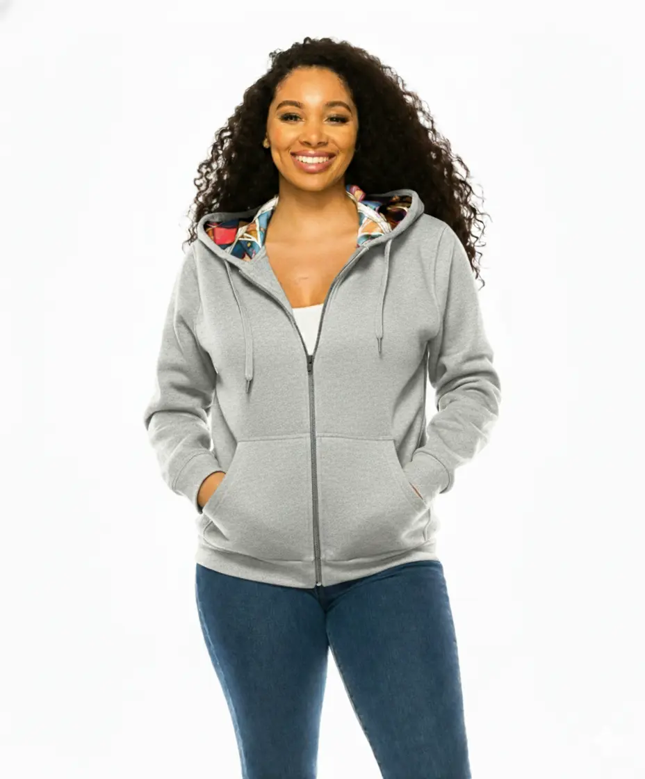 UNIK Women's Premium Satin-Lined Zipper Hoodie - Casual Solid Long-Sleeve Cotton Tops, Soft Clothes with Travel Hidden Pockets, L. Grey, 1 WBT62