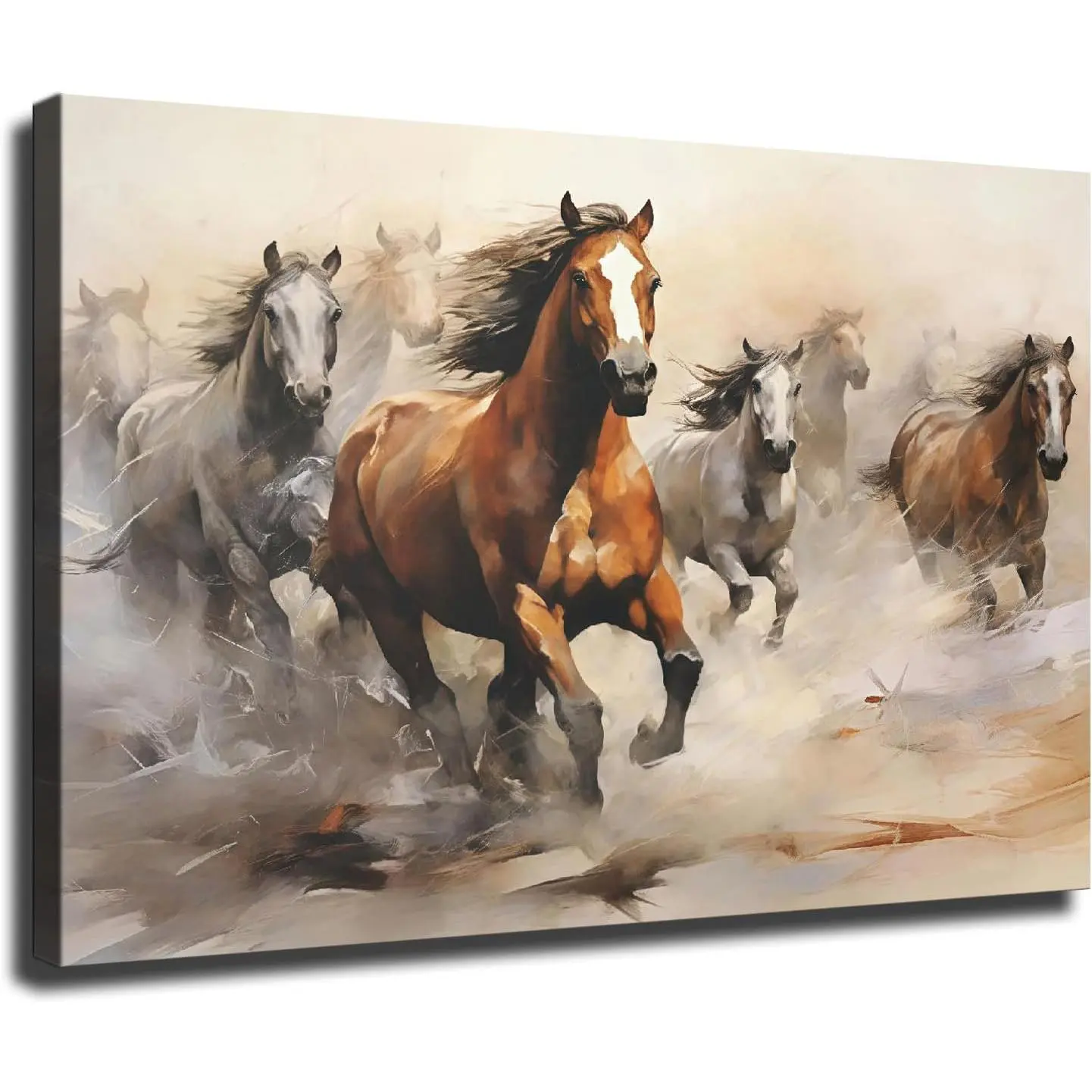 Wild Horses Wall Art, Horses Galloping in The Prairie Wall Art, Horse Painting, A Gift for Horse Lovers, for Living Room Ready To Hang (Framed,28*40 inch)