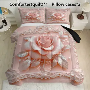 Embroidered Rose Comforter Set – Includes 1 Quilt & 2 Pillowcases, Perfect Gift for Her, Soft Feather Silk Material