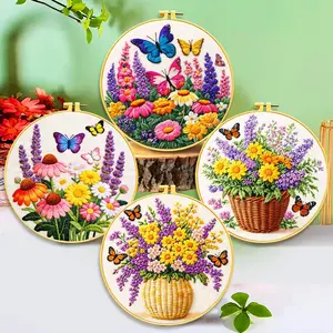 Beginner Embroidery Kit, DIY Handmade Floral Butterfly Embroidered Sewing Material Pack, Embroidery Thread & Printed Fabric, Optional with Hoop/limited Hoop, Floral Patterns